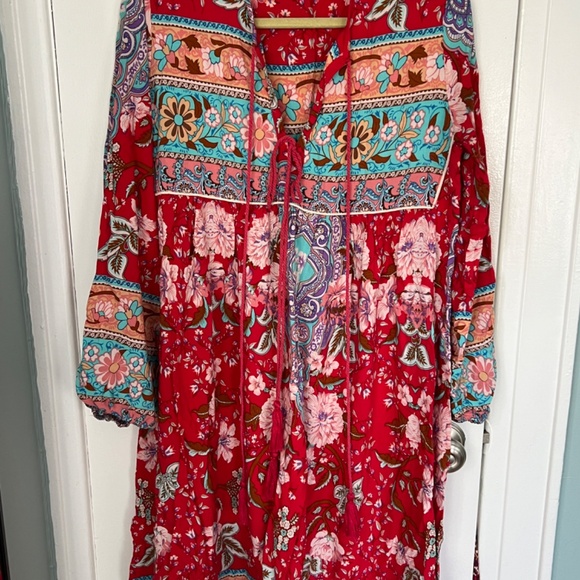 R.Vivimos Women's Long Sleeve Floral Print V Neck Bohemian Dress Large (RED) - Picture 2 of 4